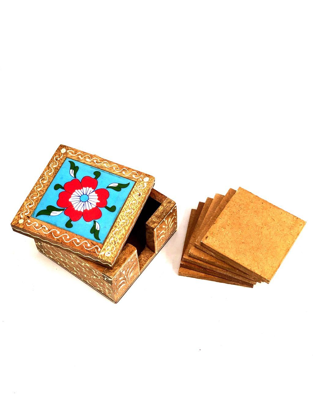 Blue Pottery Tile Fitted Tea Coaster Made With Wood Tableware Tamrapatra