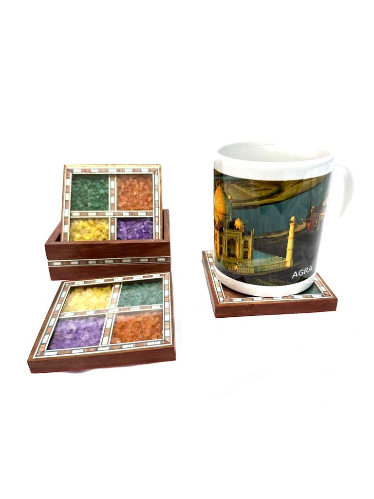 Colorful Gemstones Artwork Enclosed In Wooden Tea Coasters Tamrapatra