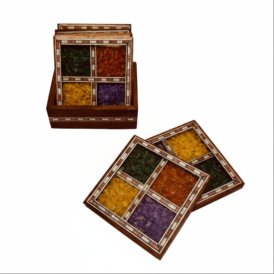 Colorful Gemstones Artwork Enclosed In Wooden Tea Coasters Tamrapatra - Tamrapatra
