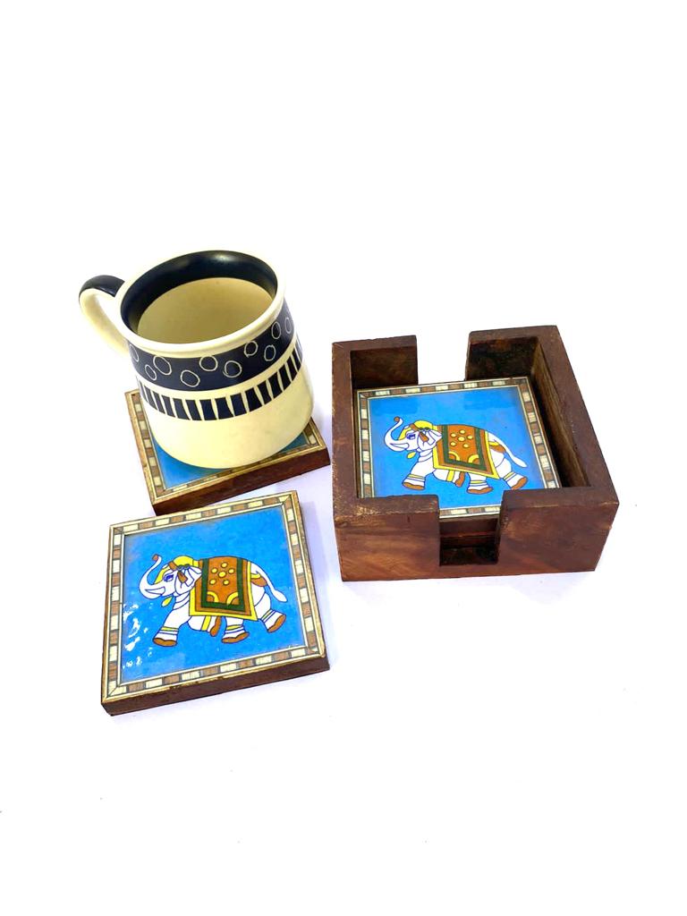 Wooden Blue Pottery Tea Coaster Natural Handcrafted Serving Utility By Tamrapatra