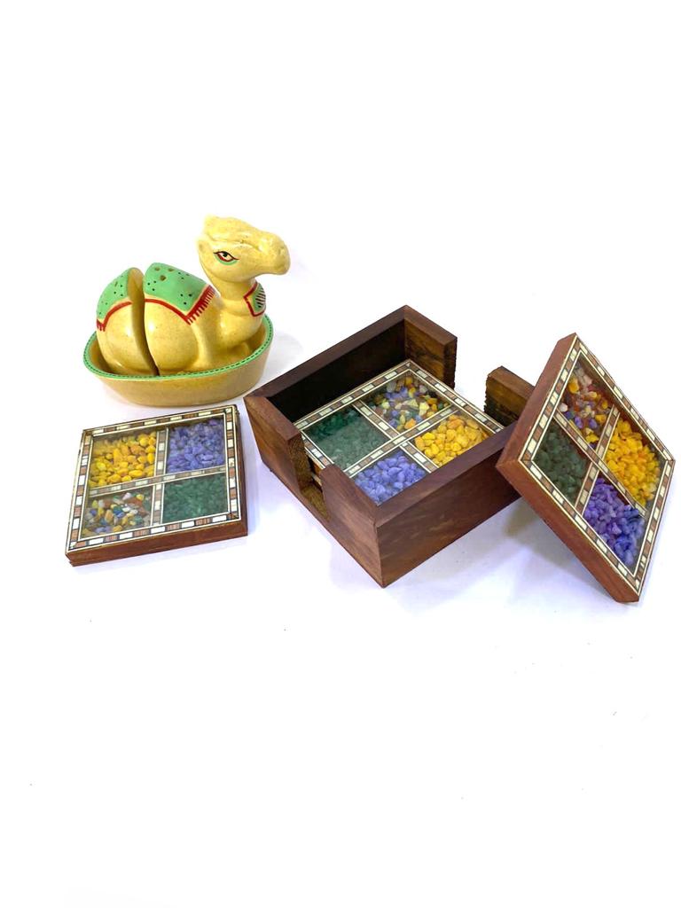 Colorful Gemstones Artwork Enclosed In Wooden Tea Coasters Tamrapatra