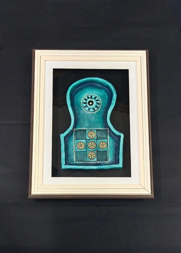 Cyan Theme Vintage Jharokha In Exclusive Glass Enclosed Wall Frame Tamrapatra