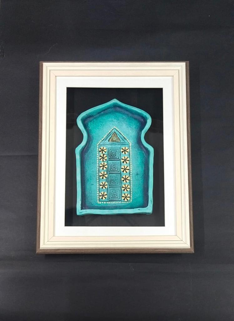 Cyan Theme Vintage Jharokha In Exclusive Glass Enclosed Wall Frame Tamrapatra