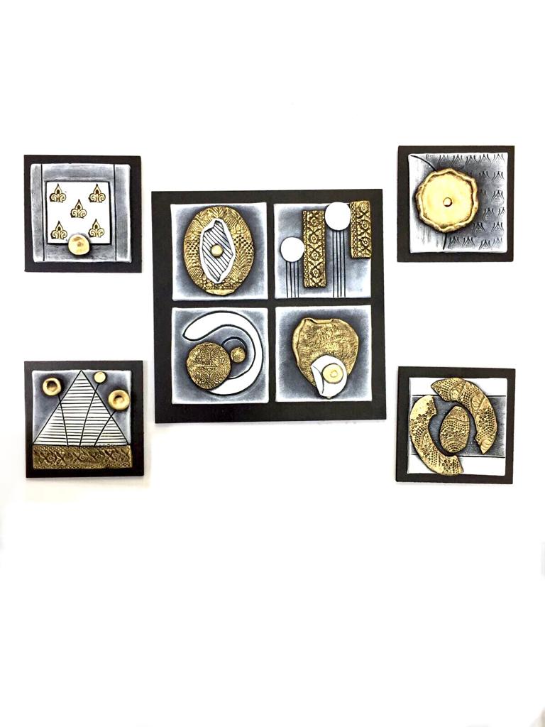Terracotta & MDF Wall Décor Hanging Gold & White Art Set Of 5 Tamrapatra