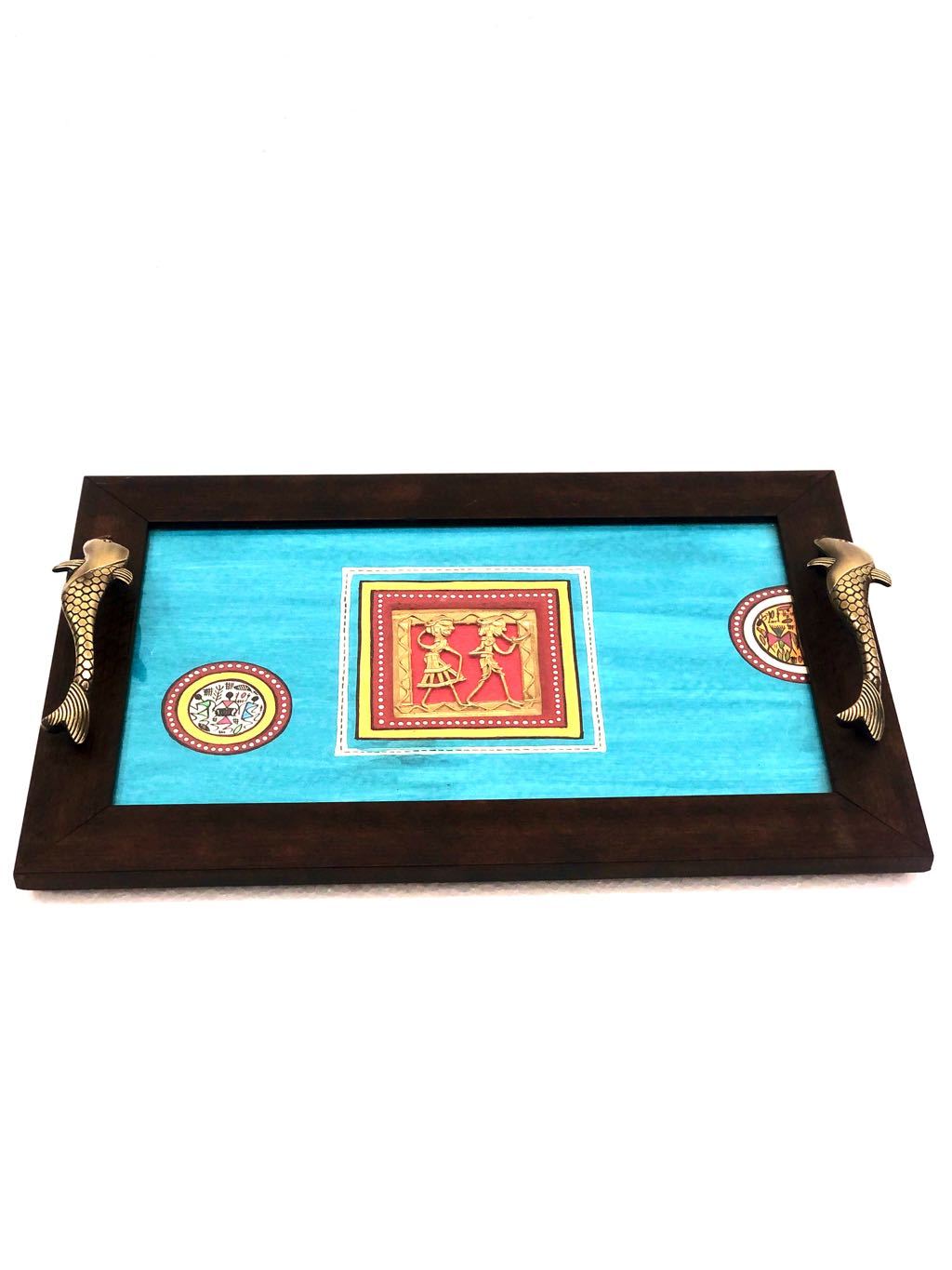 Ocean Blue HandPainted Classic Wooden Tray & Brass Handles Tamrapatra - Tanariri Hastakala