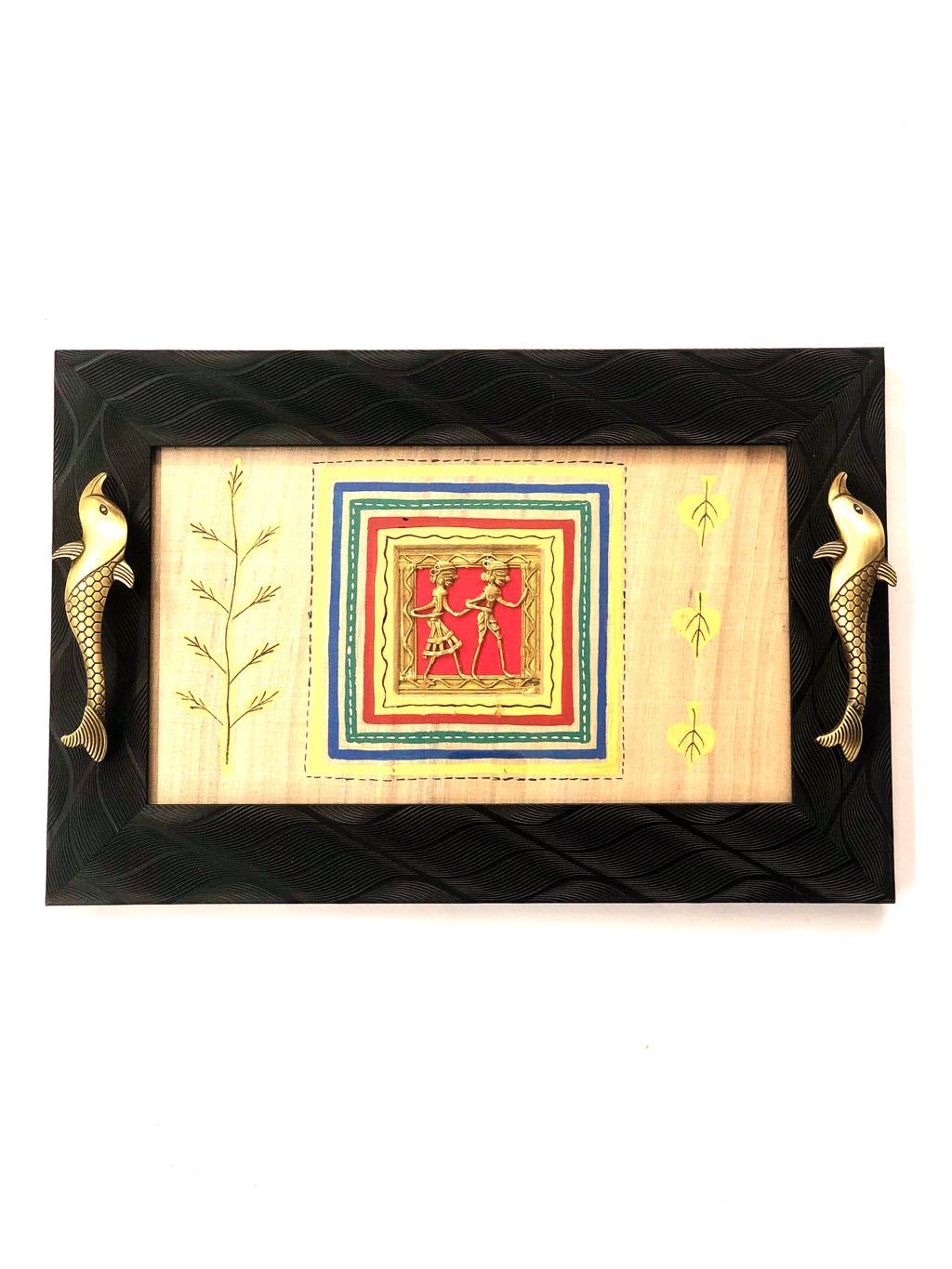 Elegant Tray HandPainted on Silk Cloth & Brass Fish Handle Tamrapatra - Tanariri Hastakala