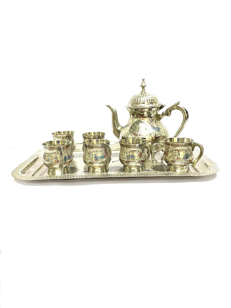 Tea Set In Luxurious Brass Inlay Artwork With Tray Kettle & Cups By Tamrapatra