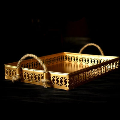 Handcrafted Metal Tray With Jute Handle Exclusive Designs From Tamrapatra - Tamrapatra