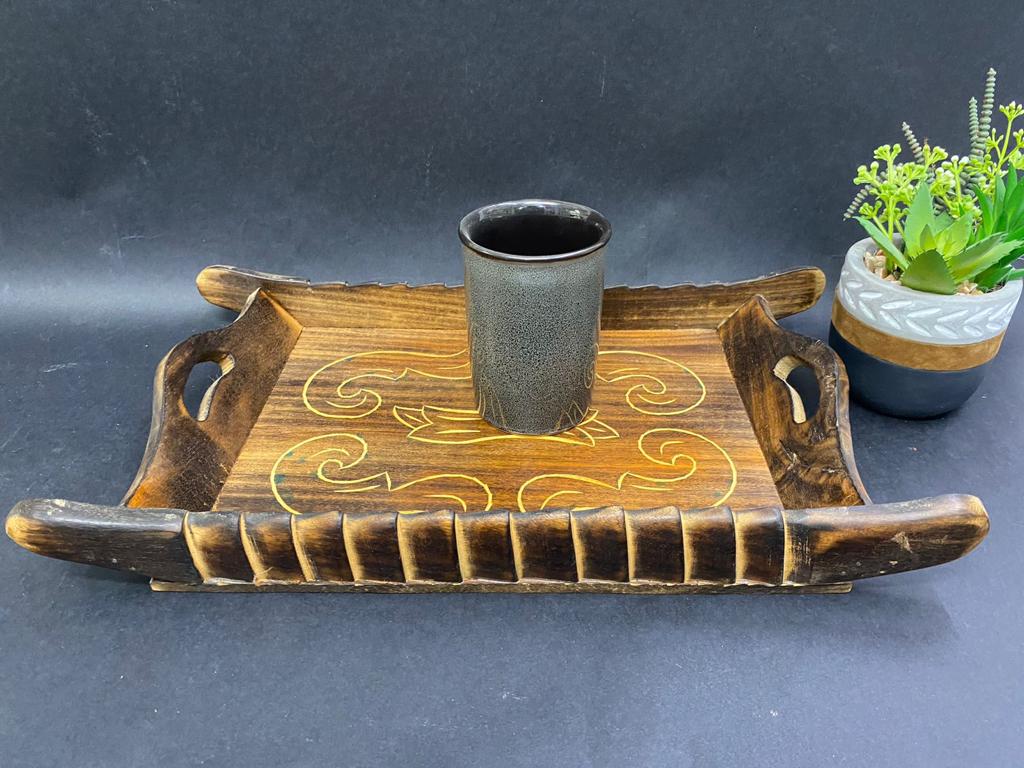 Antique Style Wooden Tray Boat Shaped Carving Exclusive Designs By Tamrapatra