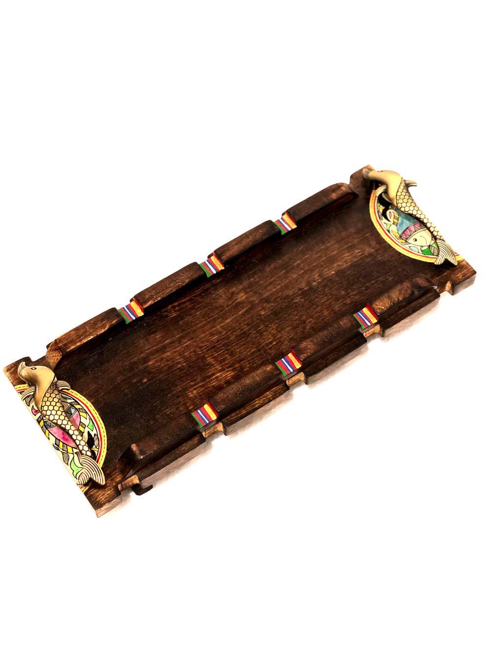 Classy Brown Wooden Tray With Stand Long HandPainted By Tamrapatra - Tanariri Hastakala