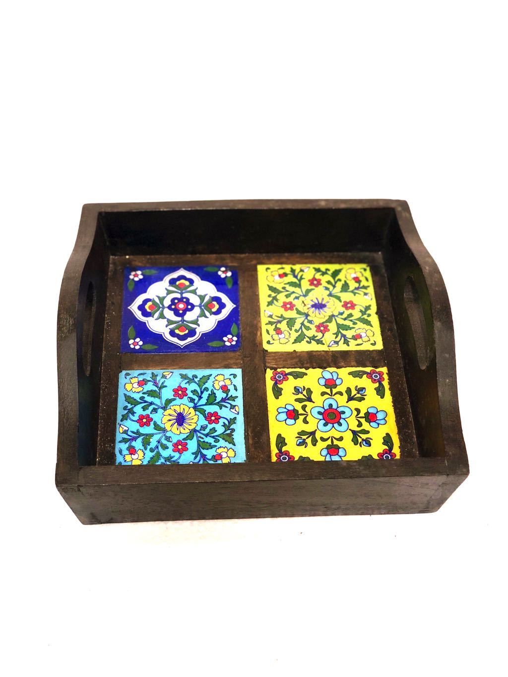 Blue Pottery Tiles Fitted On Strong Wooden Tray Home Decor By Tamrapatra - Tamrapatra