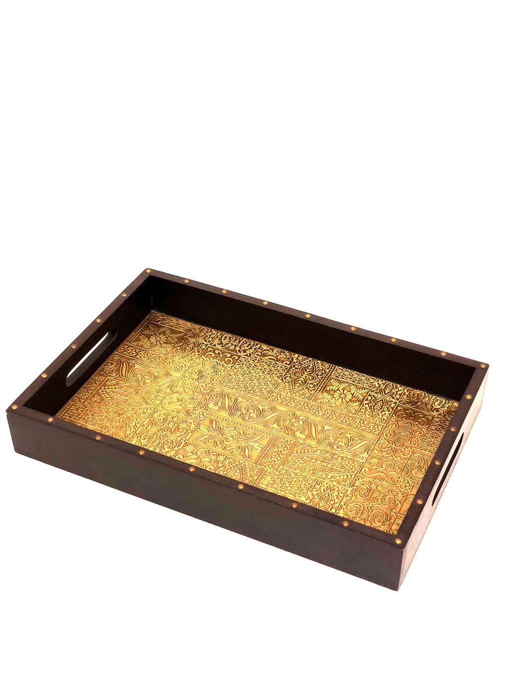 Limited Edition Brass Foil Fitted Premium Wooden Tray Home Decor Tamrapatra - Tamrapatra