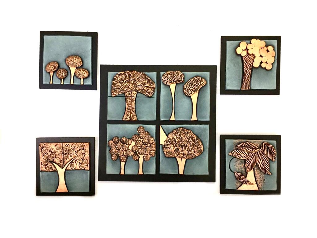 Trees Inspired Terracotta Sculpture Gray & Copper Wall Art Set of 5 Tamrapatra