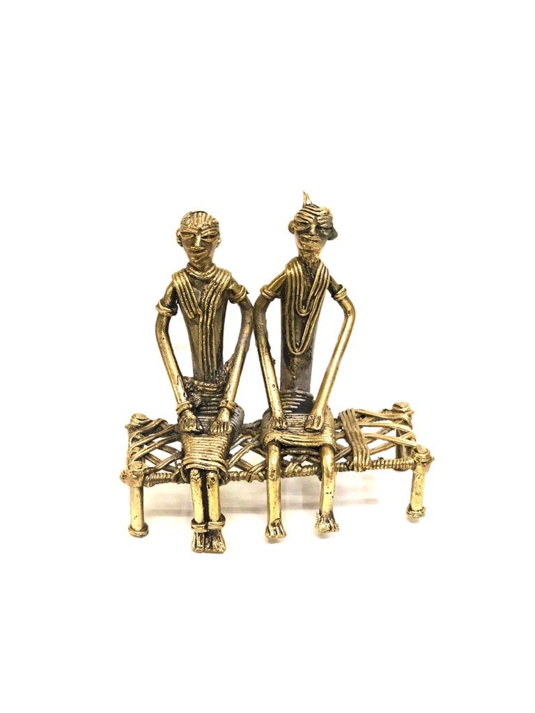Brass Tribal Couple Sitting On Charpoy  Depiction Of Indian Culture By Tamrapatra