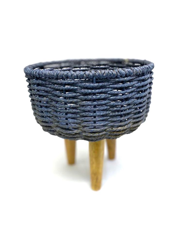 Jute Planter Woven On Metal & Wooden Tripod Stand Blue Shade By Tamrapatra