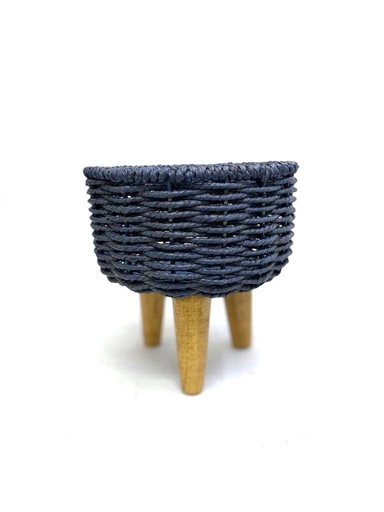 Jute Planter Woven On Metal & Wooden Tripod Stand Blue Shade By Tamrapatra