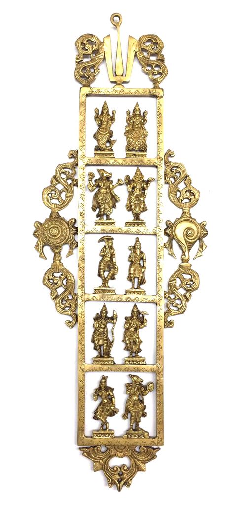 Vertical Brass Wall Hanging Dash Avtar Vishnu Spiritual Artwork By Tamrapatra