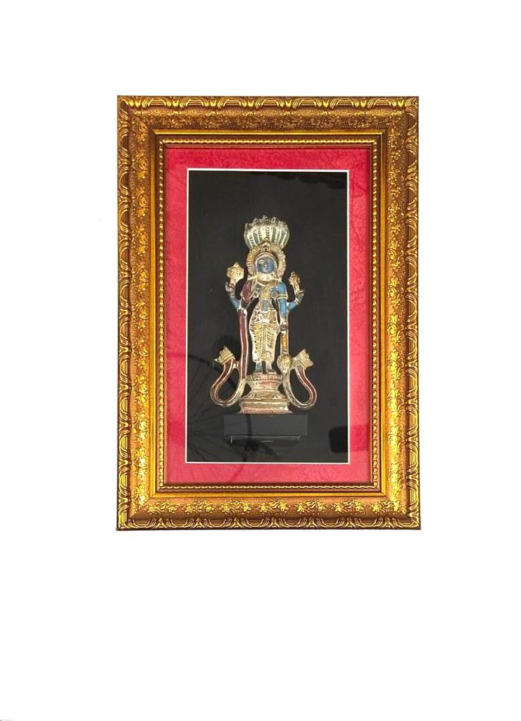 Vintage Hindu God Vishnu Shesha Avtar Premium Brass Art In Frame Tamrapatra