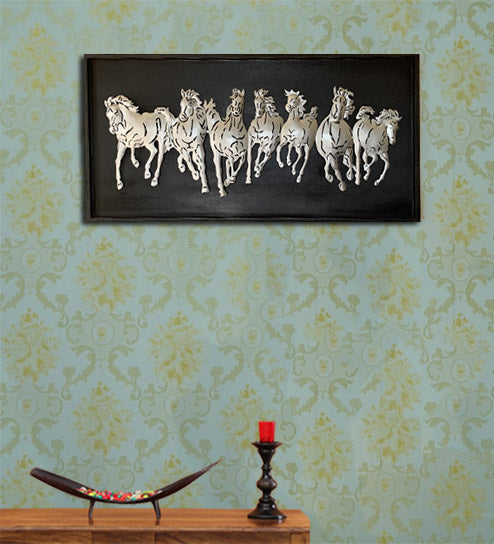 7 Horses Vaastu With Classic Black/Brown Frame & LED Office Home Décor By Tamrapatra