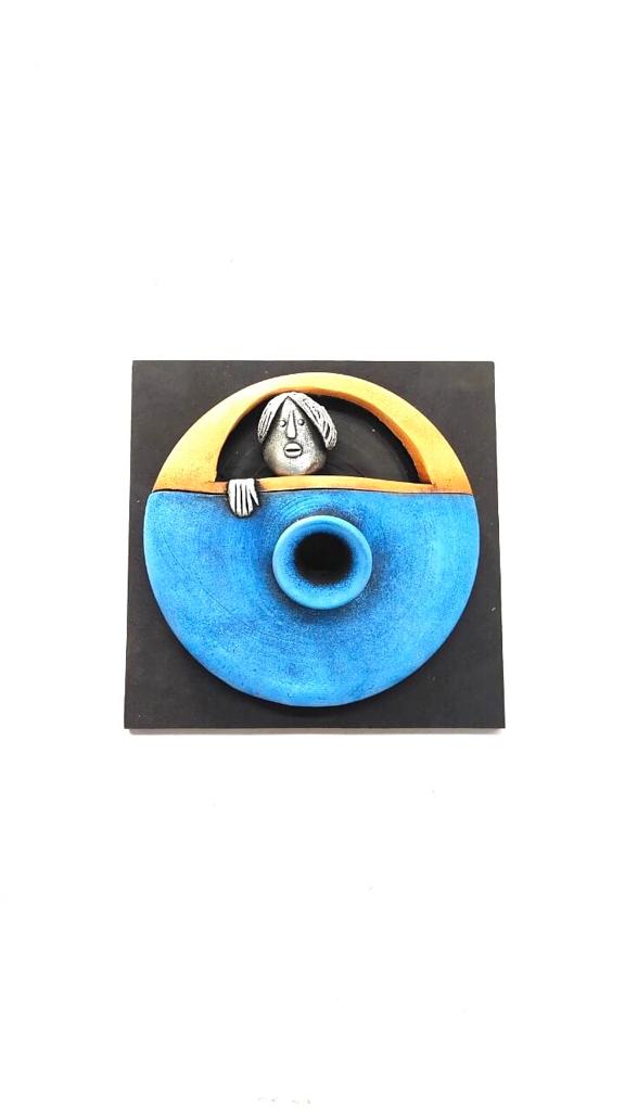 Royal Blue With Orange Accents Peeping Face Creative Pots Handmade Tamrapatra
