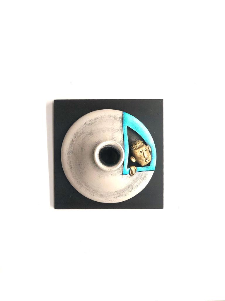 Grey With Turquoise Blue Texture On Creative Peeking Faces Hanging Tamrapatra