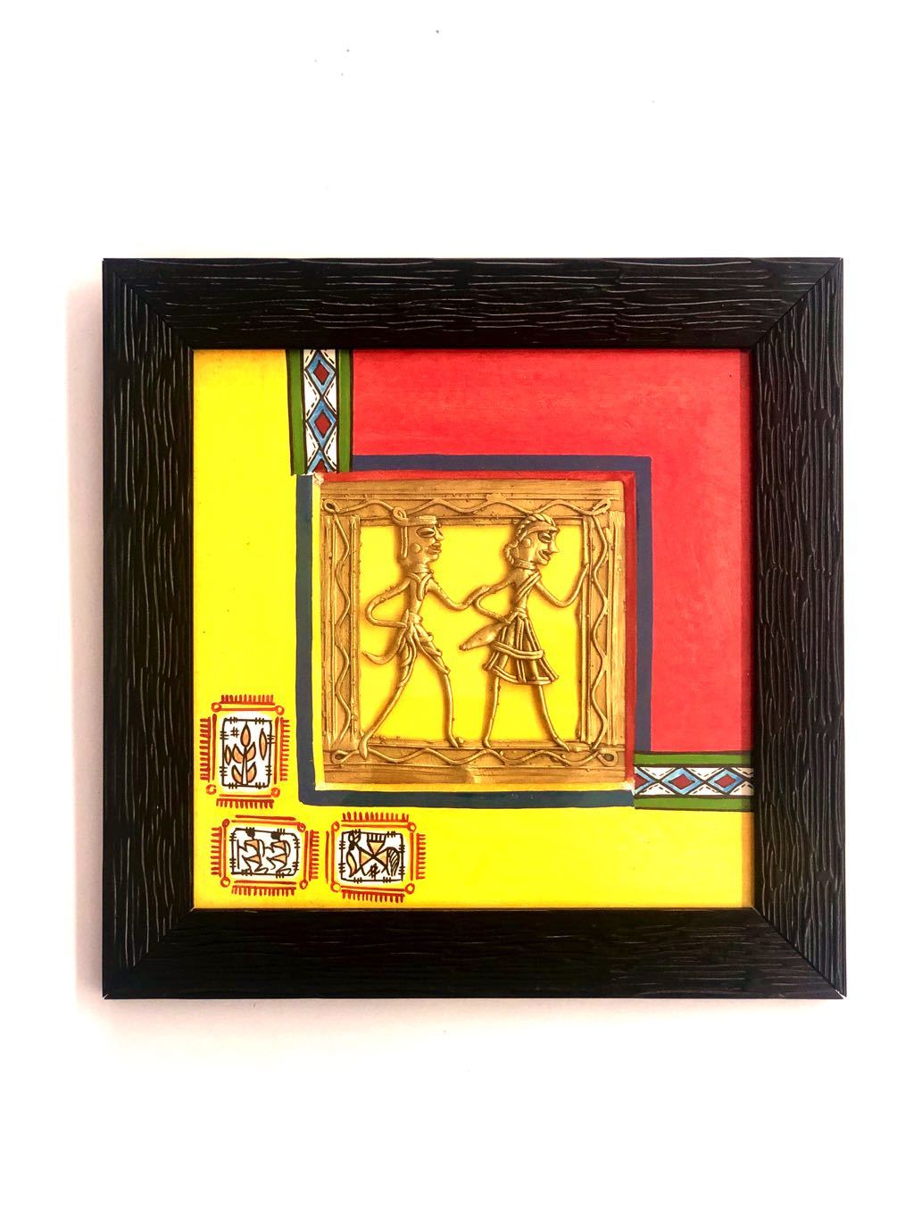 2 Dhokra Figure Frame Yellow & Red Miniature Warli Painted Handmade Tamrapatra