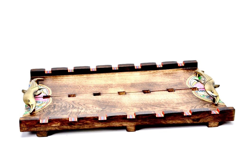 Warli Wooden Tray With Unique Fish Dhokra Handles Tamrapatra - Tamrapatra