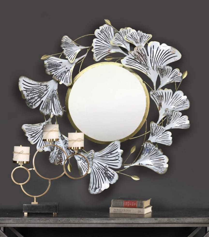 Ginkgo Leaf Wall Metal Décor Mirror Exclusive Handcrafted Decoration By Tamrapatra