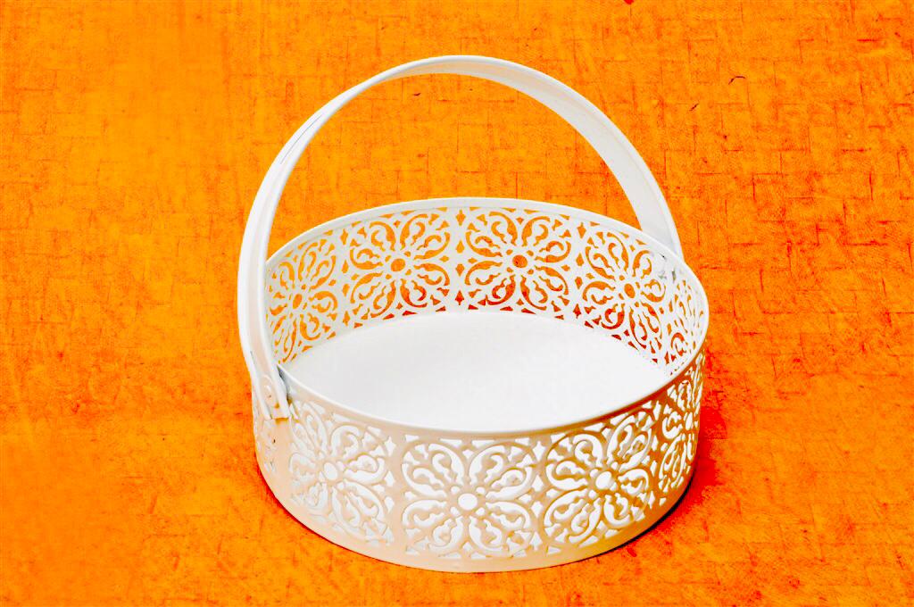 Metal Round Tray With Handle In White Shade With Set Of 3 By Tamrapatra