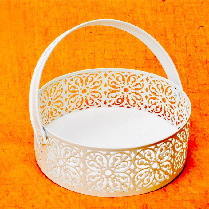 Metal Round Tray With Handle In White Shade With Set Of 3 By Tamrapatra - Tamrapatra