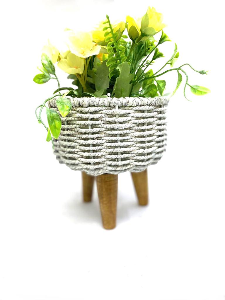Jute & Metal Planters On Wooden Stand Modern Style White Shade Tamrapatra