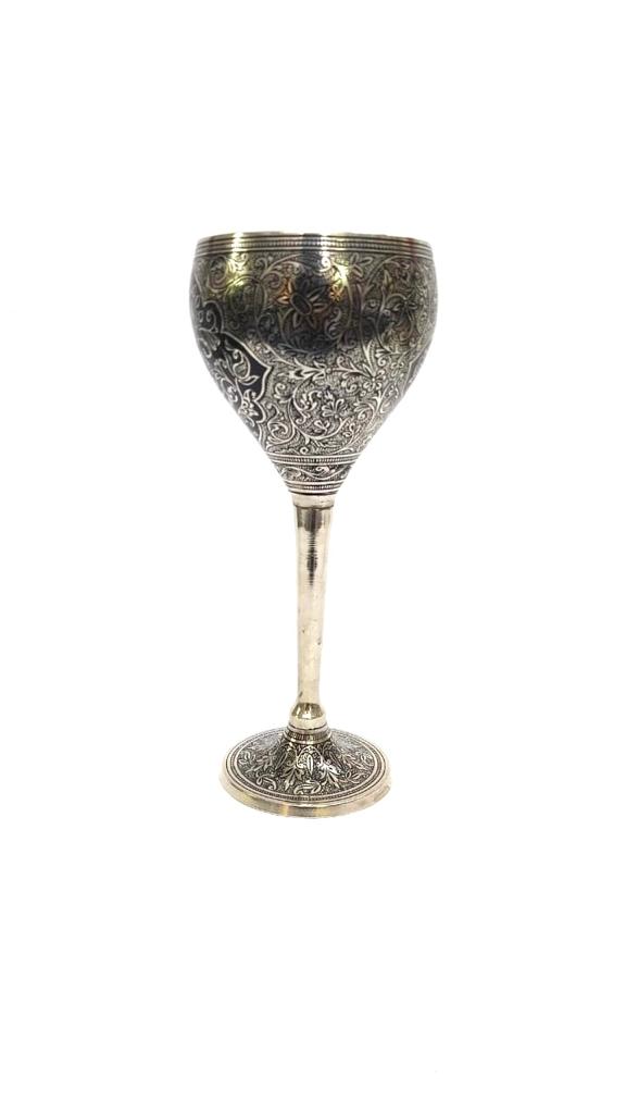 Sky Blue & Black  On Brass Engraved Wine Glass Royal Artware By Tamrapatra - Tamrapatra