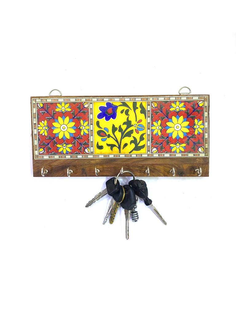 Blue Pottery 3 Tiles Key Holder In Eccentric Designs Exclusive Art From Tamrapatra