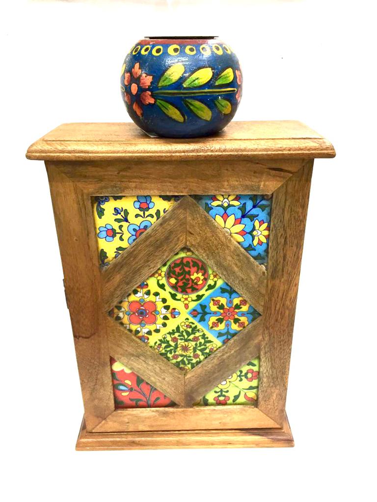 Wooden Key Chain Box Style With Blue Pottery Tiles Unique Design Tamrapatra