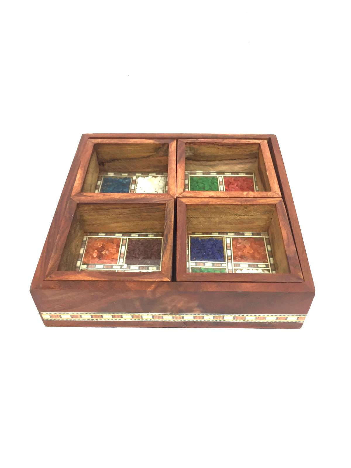 Wooden Platter Tray With Gemstones & 4 Compartments From Tamrapatra