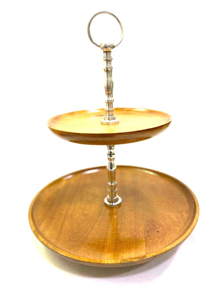 Wooden Platters 2 Tier Cake Fruits Snacks Serving On Metal Stand By Tamrapatra