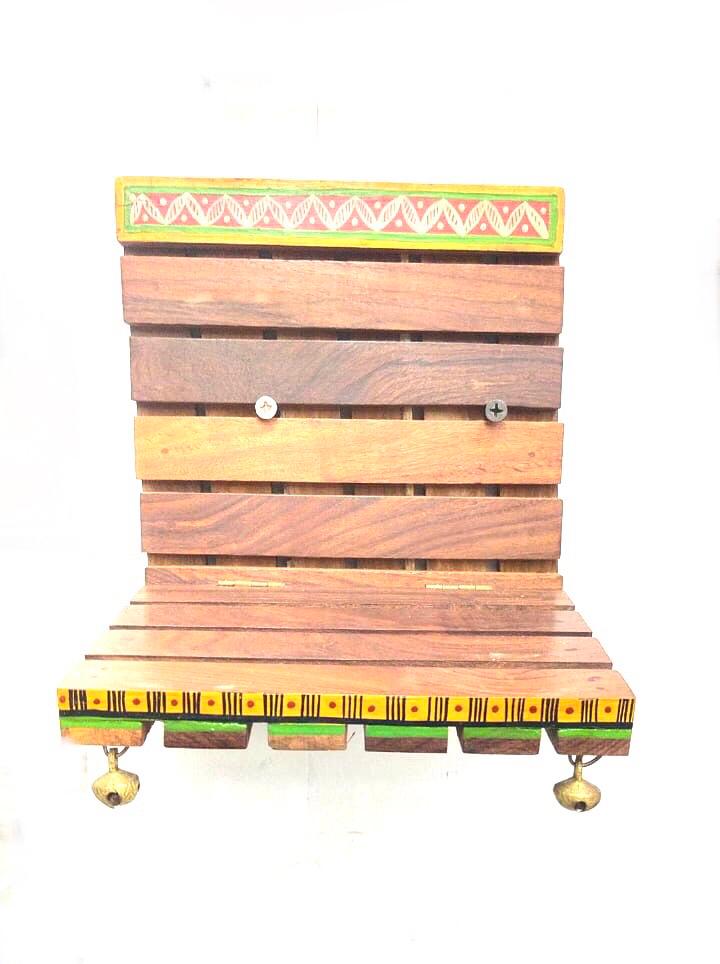 Wooden Shelf With Metal Bells For Placing Quirky Artefacts By Tamrapatra
