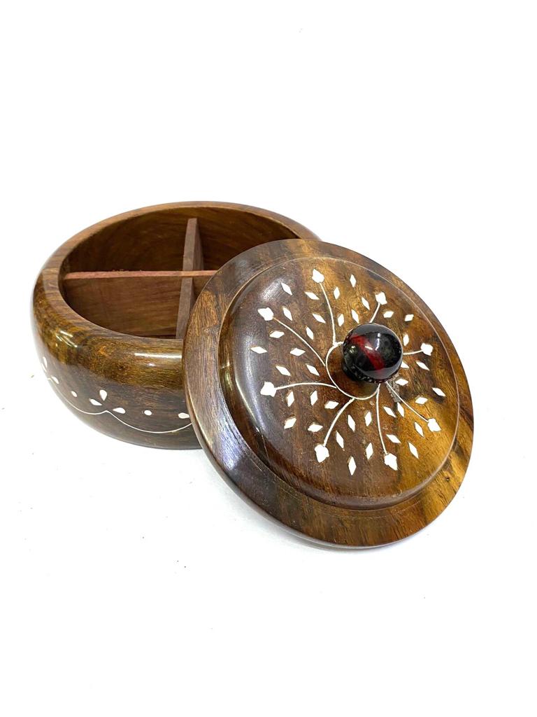 Wooden Round Spice Box With Easy Lids & Compartments From Tamrapatra