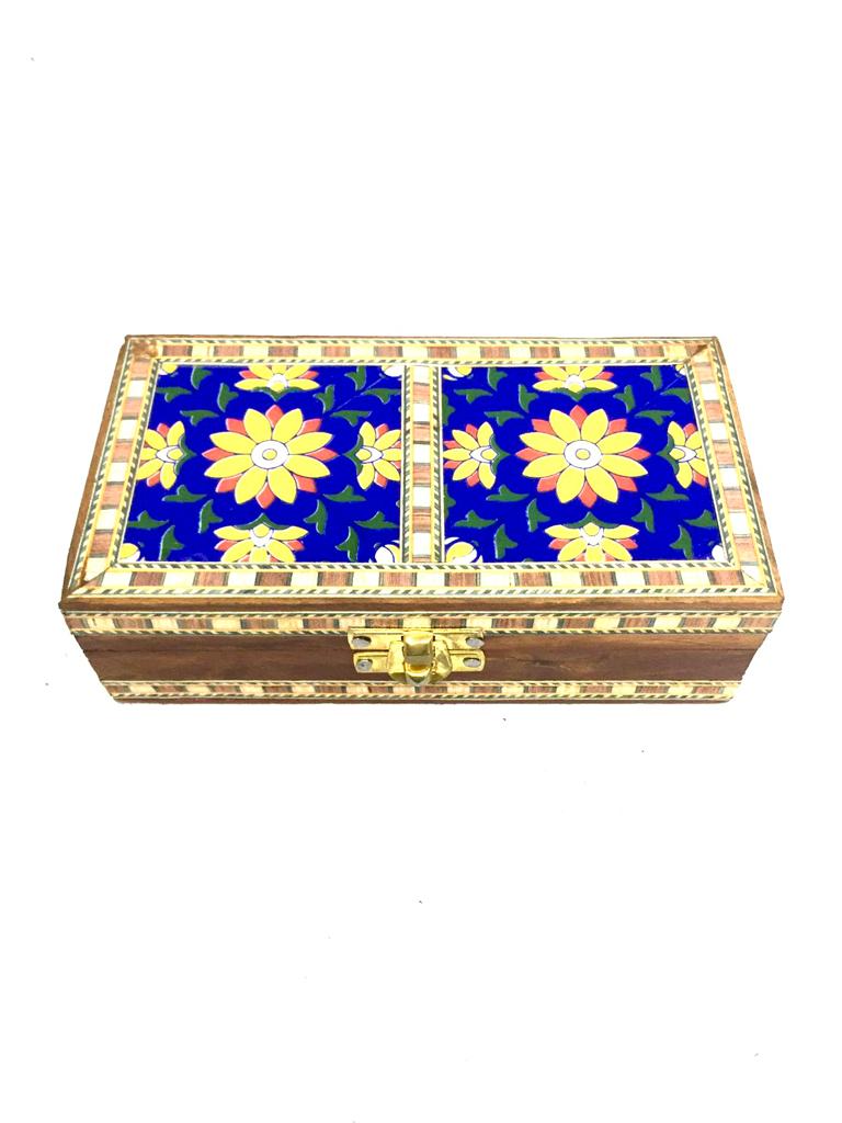 Two Tile Storage Box Wooden Blue pottery in Various Shades By Tamrapatra