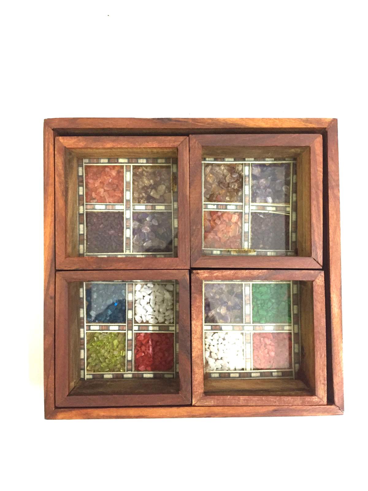 Wooden Platter Tray With Gemstones & 4 Compartments From Tamrapatra