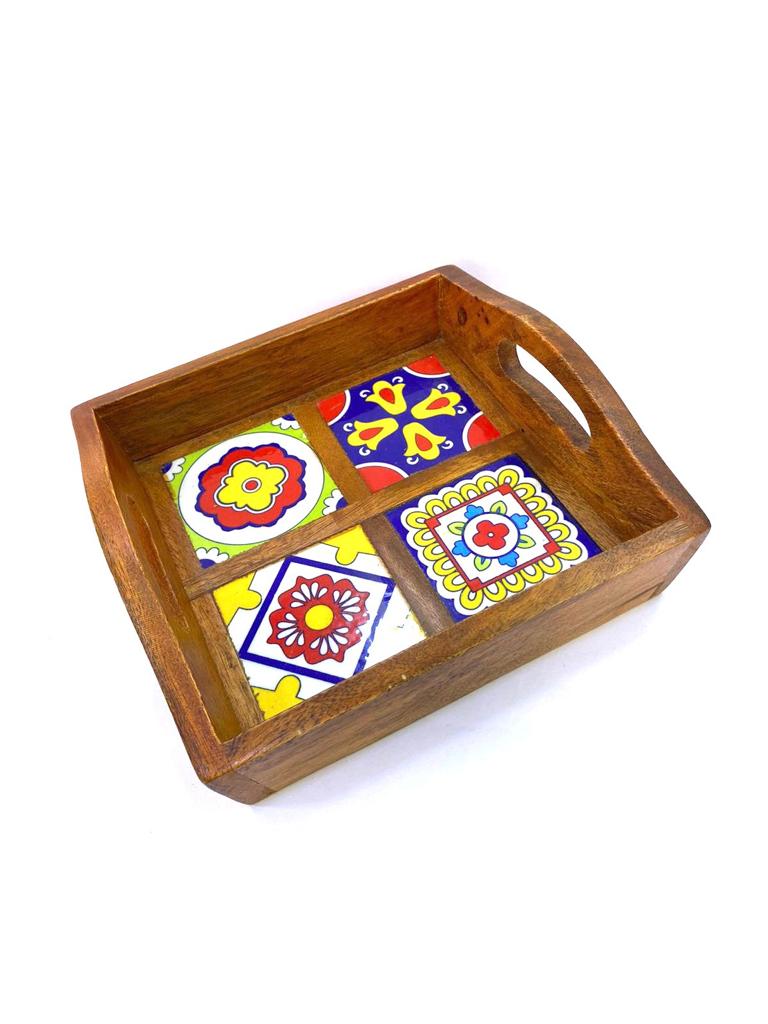 Blue Pottery Tiles Fitted On Strong Wooden Tray Home Decor By Tamrapatra - Tamrapatra