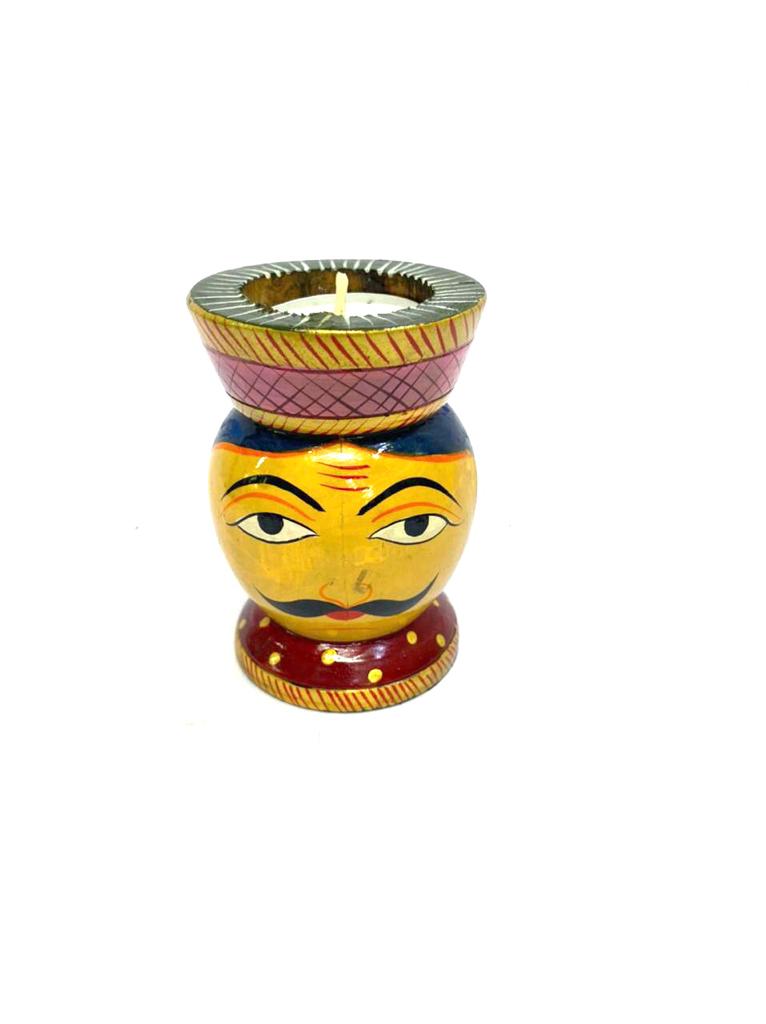 Traditional Wooden Faces Male Female Hand Painted Tea Light Holders Tamrapatra