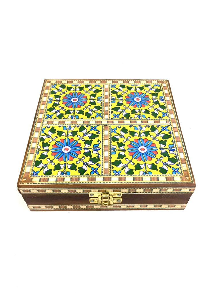 4 Tiles Blue Pottery Wooden Storage Box Handcrafted With Love Tamrapatra