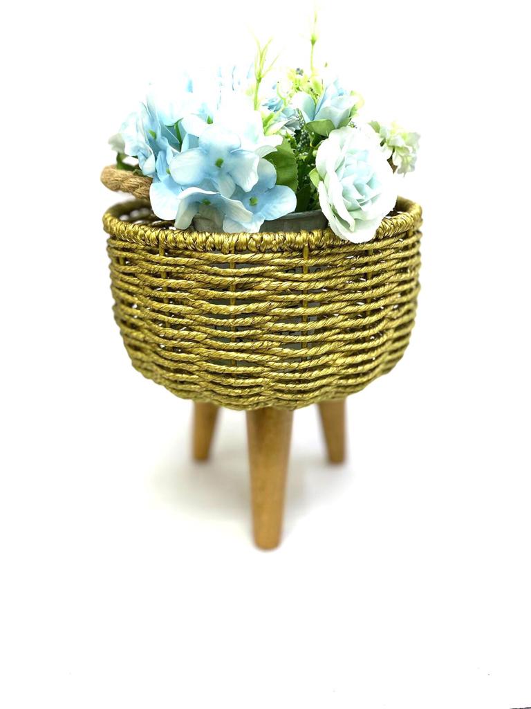 Jute Golden Shade Metal On Wooden Stand Planter Exclusively At Tamrapatra