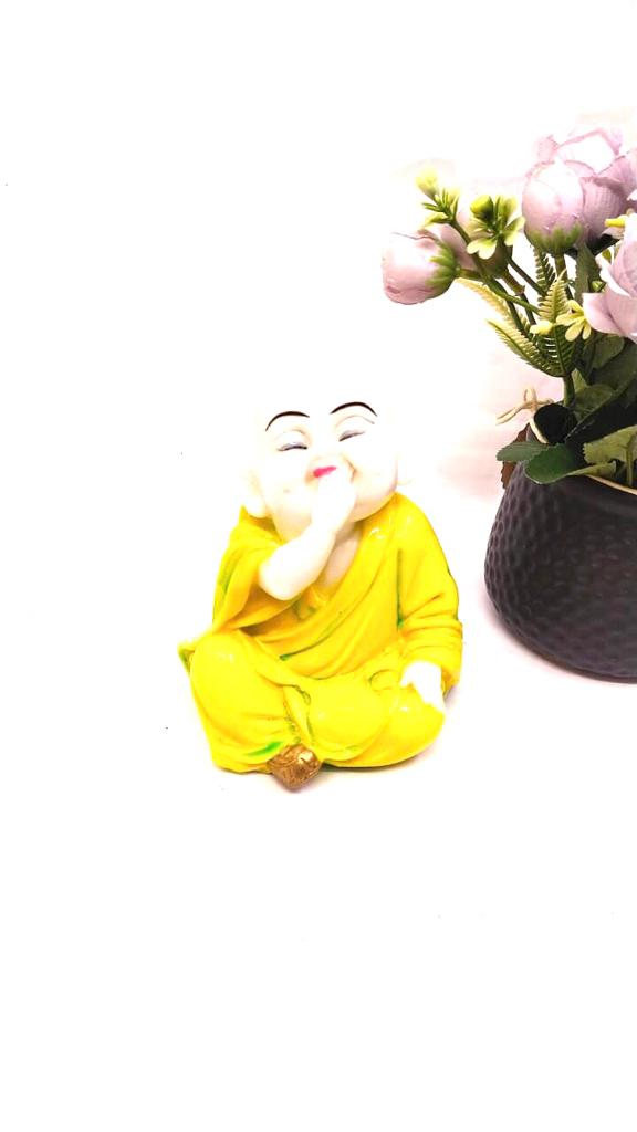 Playful Monks Feng Shui Mustard Yellow Resin Relics Collection From Tamrapatra - Tamrapatra