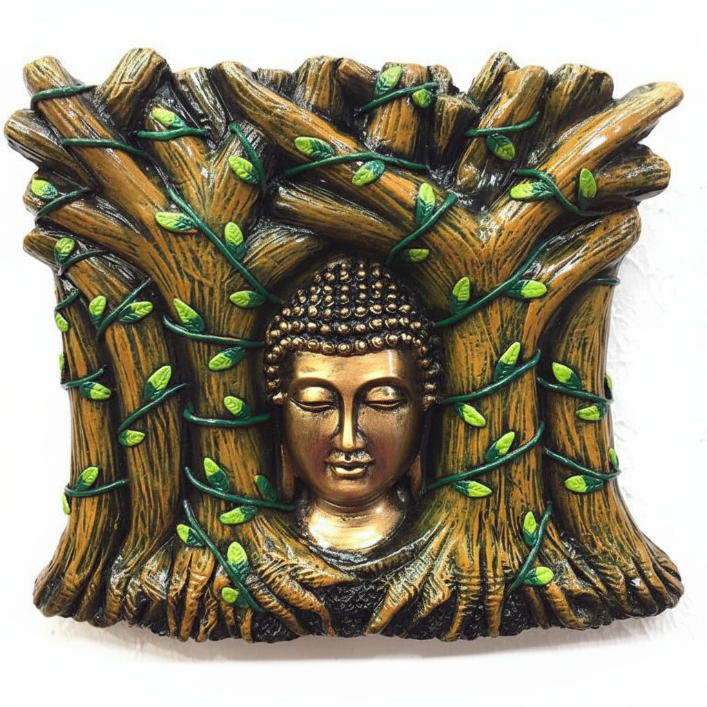 A sculpture of the Buddha's face surrounded by tree branches and leaves, in a gold color.