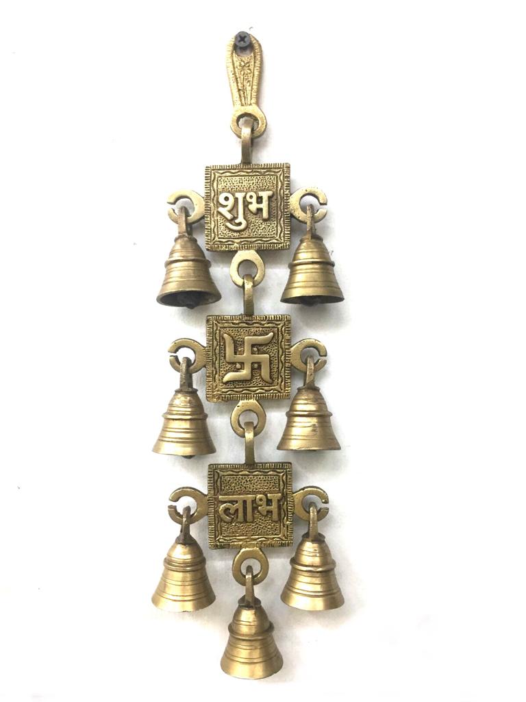 Brass Artwork Shubh Labh Swastika Hanging Auspicious With 7 Bells Tamrpatra