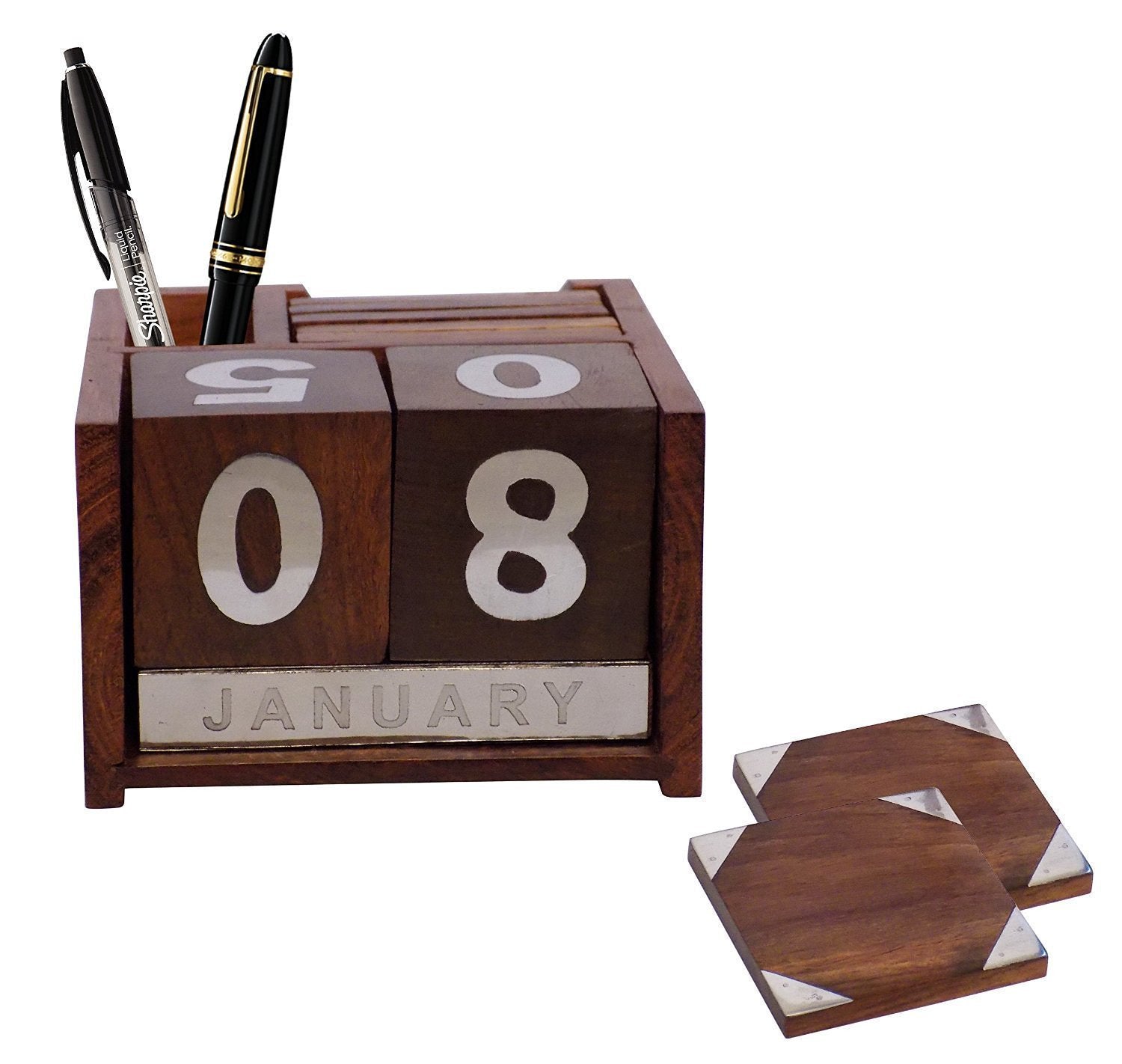 Brown Wooden Finish Desk Organizer With Tea Coaster & Calendar By Tamrapatra