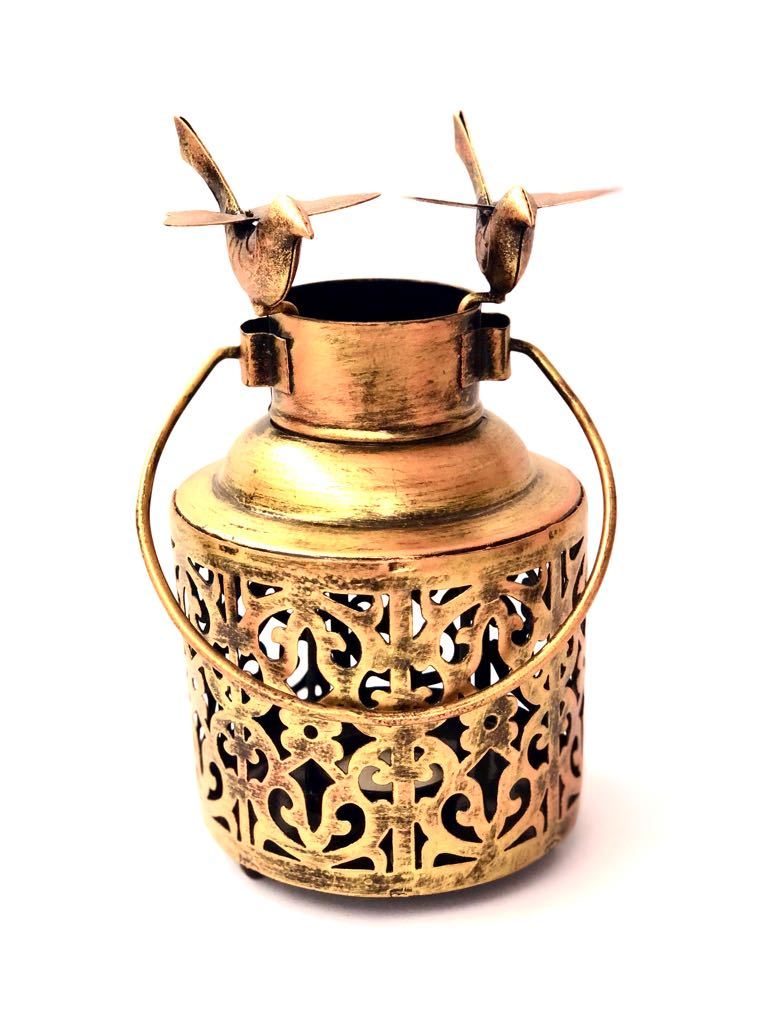 Tea Light Holder Jar Style With Sitting Birds Metal Tamrapatra - Tamrapatra