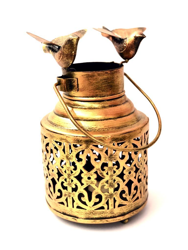 Tea Light Holder Jar Style With Sitting Birds Metal Tamrapatra - Tamrapatra
